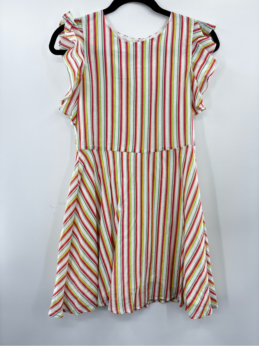 Girls' Striped Ruffle Sleeve Dress - White with Red & Green Stripes youth 14